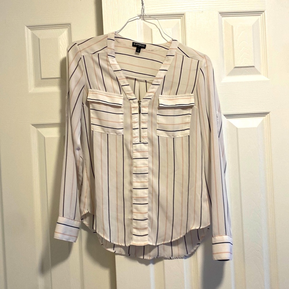 Express Women’s White Pink and Black Striped Long Sleeve Blouse